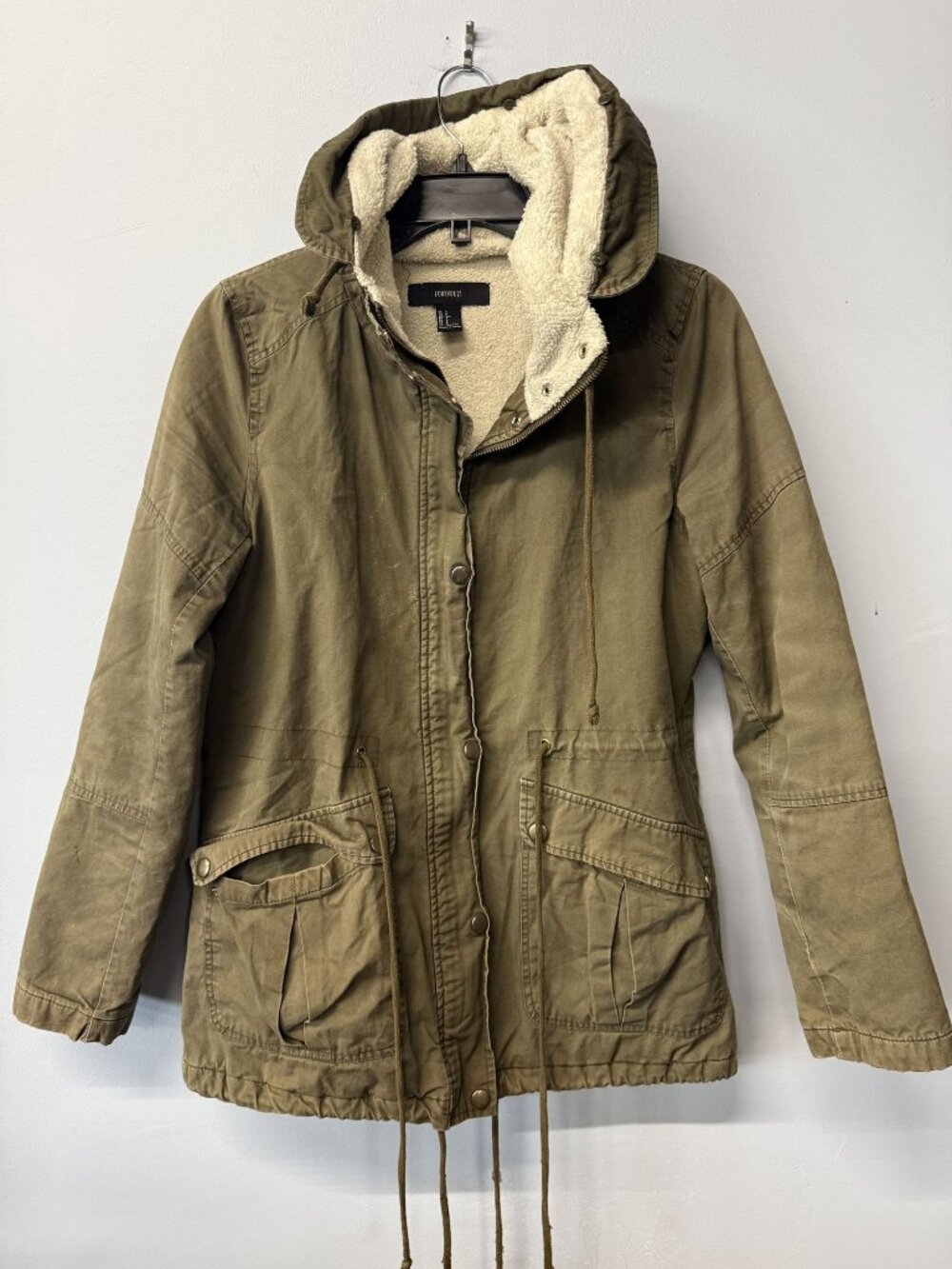 Forever 21 Olive Green Hooded Parka Jacket With Sherpa Lining & Drawstring Hem S